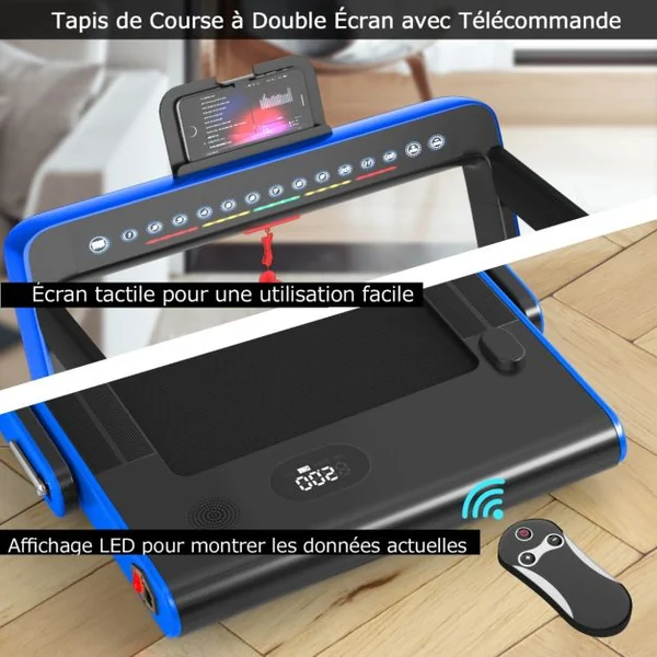 Tapis de Course Pliable 0,75HP Double Affichage LED APP et Télécommande Vitesse Motorisé 12 km/h Surface 40x100cm Bleu