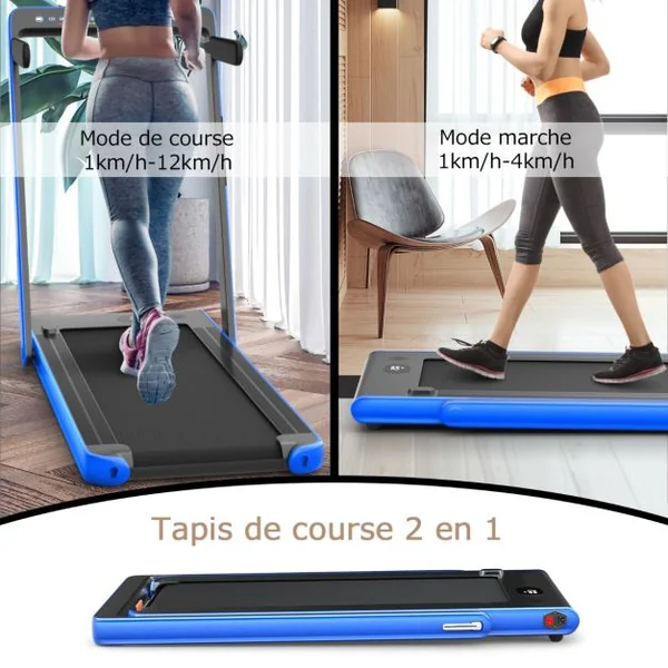 Tapis de Course Pliable 0,75HP Double Affichage LED APP et Télécommande Vitesse Motorisé 12 km/h Surface 40x100cm Bleu