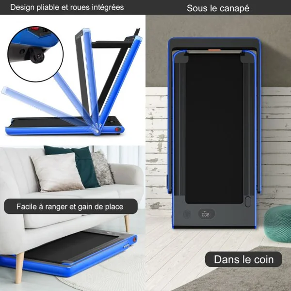 Tapis de Course Pliable 0,75HP Double Affichage LED APP et Télécommande Vitesse Motorisé 12 km/h Surface 40x100cm Bleu