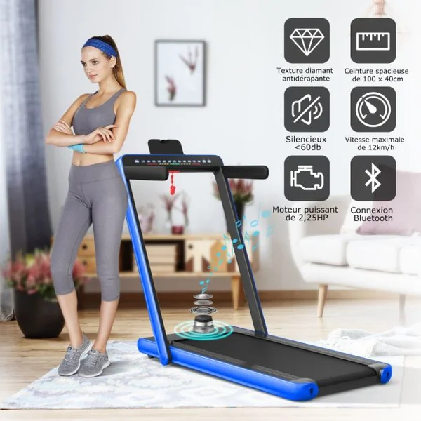 Tapis de Course Pliable 0,75HP Double Affichage LED APP et Télécommande Vitesse Motorisé 12 km/h Surface 40x100cm Bleu