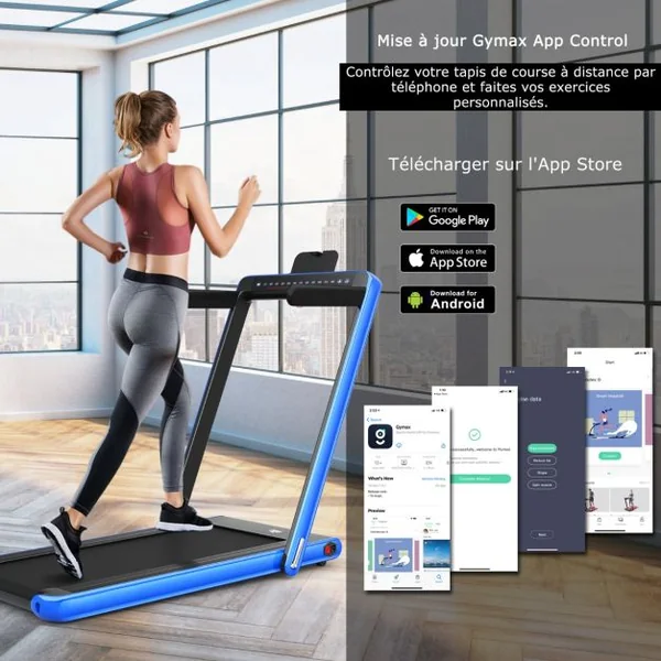 Tapis de Course Pliable 0,75HP Double Affichage LED APP et Télécommande Vitesse Motorisé 12 km/h Surface 40x100cm Bleu