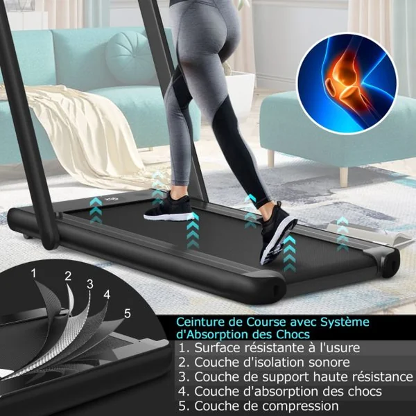 Tapis de Course Pliable 0,75HP Double Affichage LED APP et Télécommande Vitesse Motorisé 12 km/h Surface 40x100cm Noir