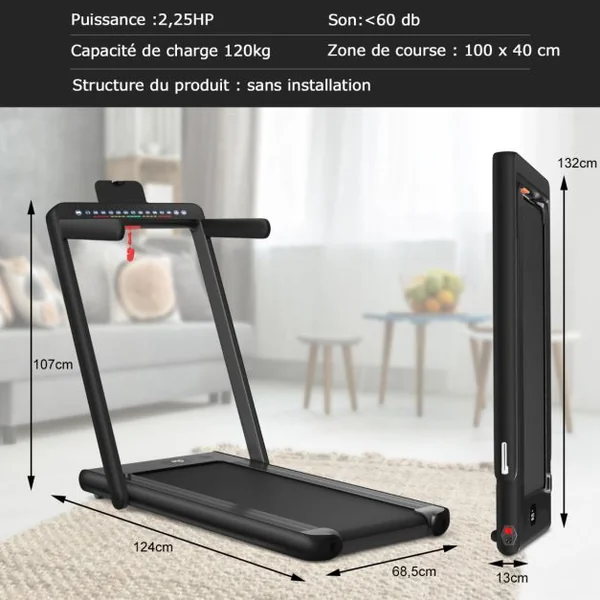 Tapis de Course Pliable 0,75HP Double Affichage LED APP et Télécommande Vitesse Motorisé 12 km/h Surface 40x100cm Noir