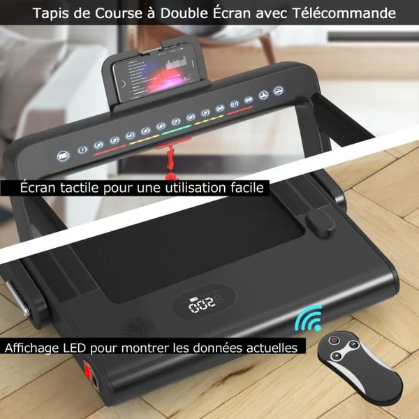 Tapis de Course Pliable 0,75HP Double Affichage LED APP et Télécommande Vitesse Motorisé 12 km/h Surface 40x100cm Noir
