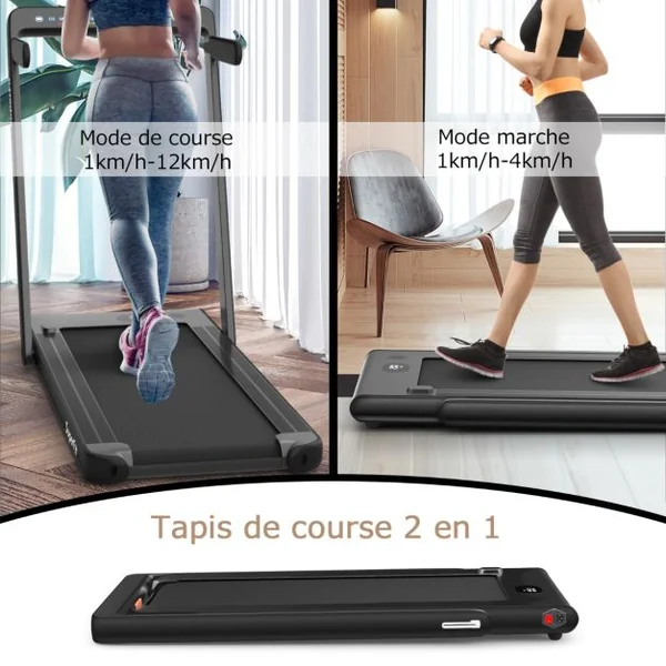 Tapis de Course Pliable 0,75HP Double Affichage LED APP et Télécommande Vitesse Motorisé 12 km/h Surface 40x100cm Noir