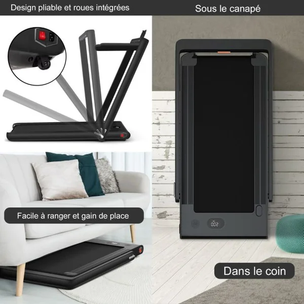Tapis de Course Pliable 0,75HP Double Affichage LED APP et Télécommande Vitesse Motorisé 12 km/h Surface 40x100cm Noir