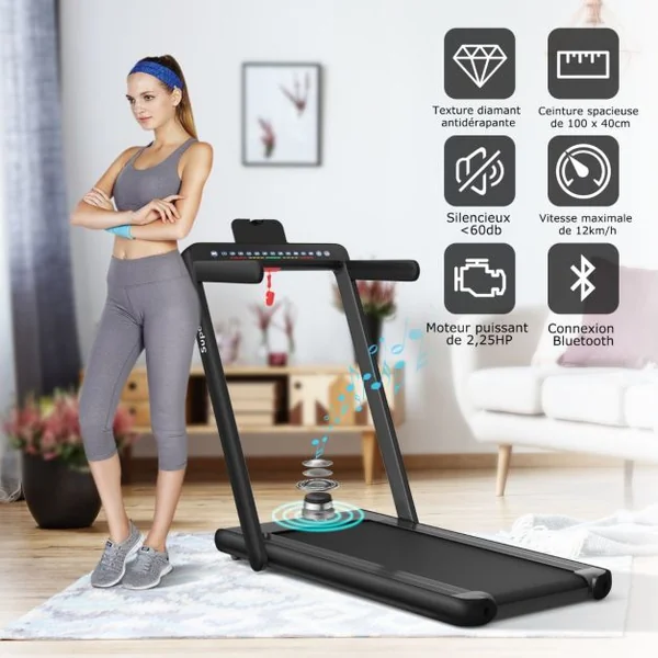 Tapis de Course Pliable 0,75HP Double Affichage LED APP et Télécommande Vitesse Motorisé 12 km/h Surface 40x100cm Noir