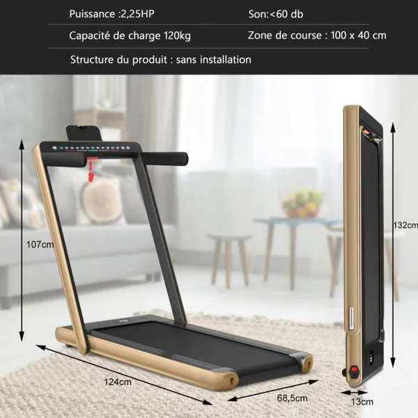 Tapis de Course Pliable 0,75HP Double Affichage LED APP et Télécommande Vitesse Motorisé 12 km/h Surface 40x100cm Or