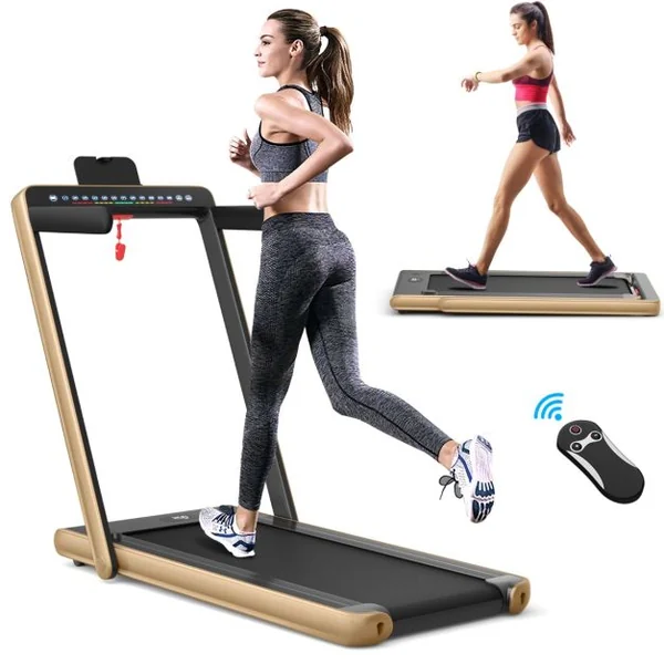 Tapis de Course Pliable 0,75HP Double Affichage LED APP et Télécommande Vitesse Motorisé 12 km/h Surface 40x100cm Or