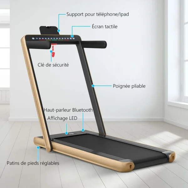 Tapis de Course Pliable 0,75HP Double Affichage LED APP et Télécommande Vitesse Motorisé 12 km/h Surface 40x100cm Or