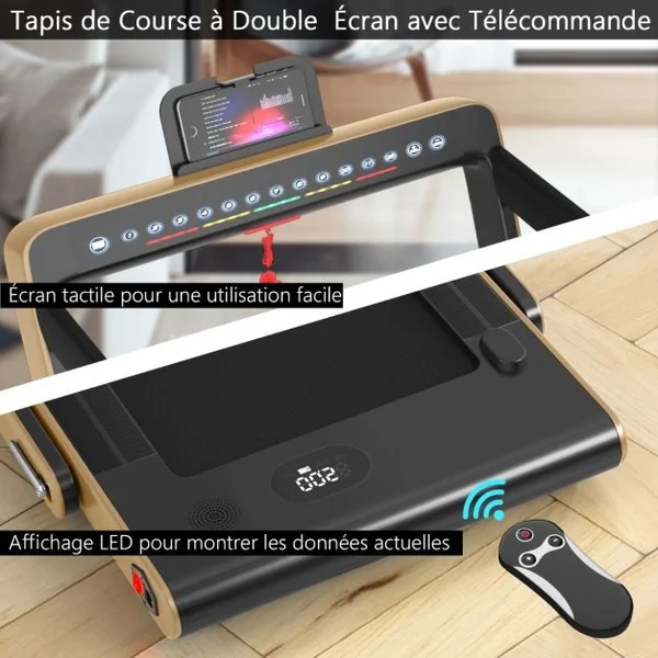 Tapis de Course Pliable 0,75HP Double Affichage LED APP et Télécommande Vitesse Motorisé 12 km/h Surface 40x100cm Or