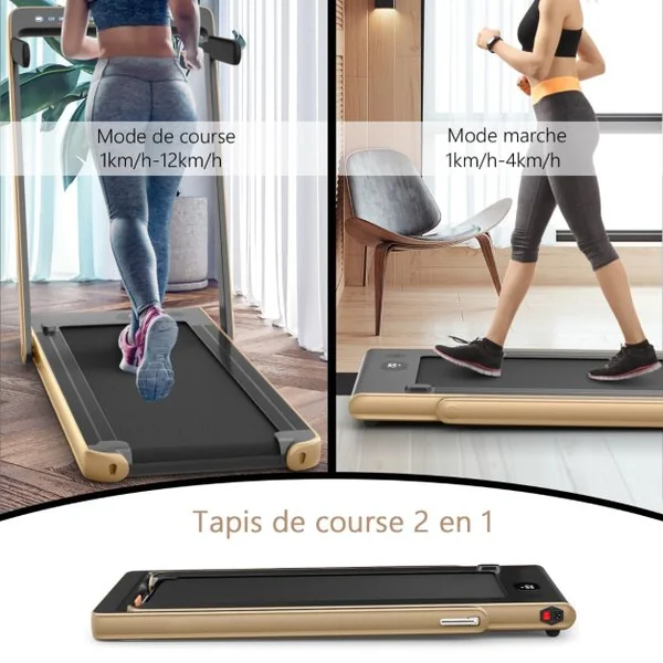 Tapis de Course Pliable 0,75HP Double Affichage LED APP et Télécommande Vitesse Motorisé 12 km/h Surface 40x100cm Or