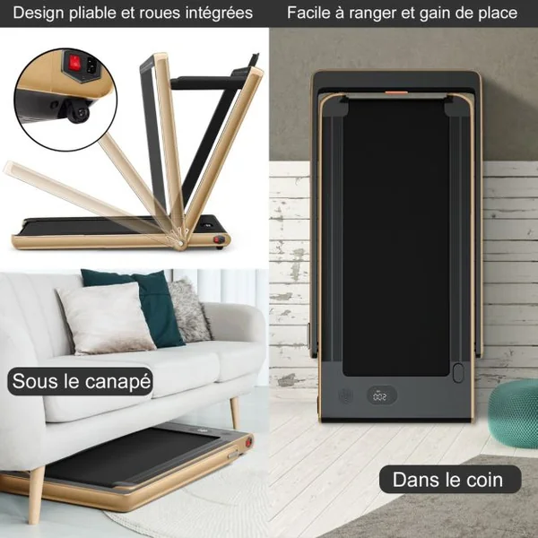 Tapis de Course Pliable 0,75HP Double Affichage LED APP et Télécommande Vitesse Motorisé 12 km/h Surface 40x100cm Or