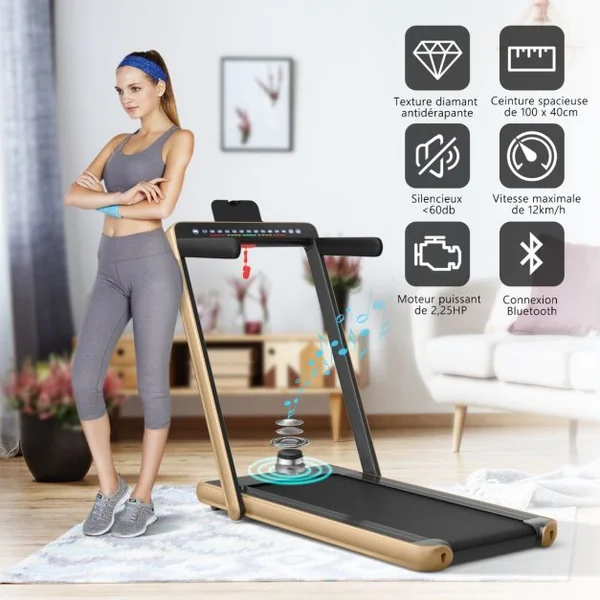 Tapis de Course Pliable 0,75HP Double Affichage LED APP et Télécommande Vitesse Motorisé 12 km/h Surface 40x100cm Or