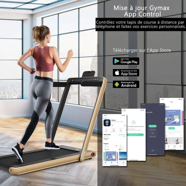 Tapis de Course Pliable 0,75HP Double Affichage LED APP et Télécommande Vitesse Motorisé 12 km/h Surface 40x100cm Or