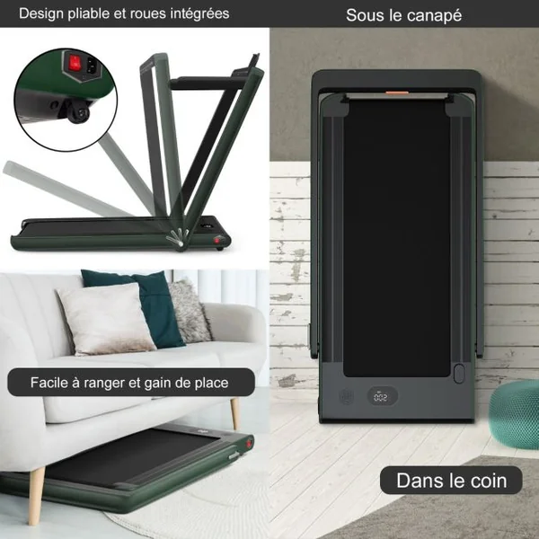 Tapis de Course Pliable 0,75HP Double Affichage LED APP et Télécommande Vitesse Motorisé 12 km/h Surface 40x100cm Vert Foncé