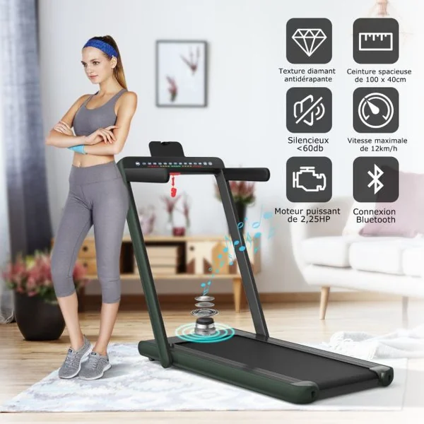 Tapis de Course Pliable 0,75HP Double Affichage LED APP et Télécommande Vitesse Motorisé 12 km/h Surface 40x100cm Vert Foncé