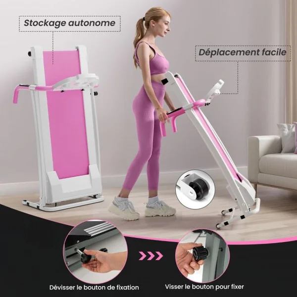 Tapis de Course Électrique 0,8-12 KM/H Moteur 500 W Tapis de Fitness Pliable à Roulettes avec Capteurs de Fréquence Cardiaque 12 Programmes Blanc