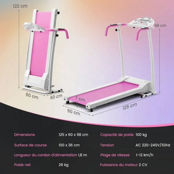 Tapis de Course Électrique 0,8-12 KM/H Moteur 500 W Tapis de Fitness Pliable à Roulettes avec Capteurs de Fréquence Cardiaque 12 Programmes Blanc