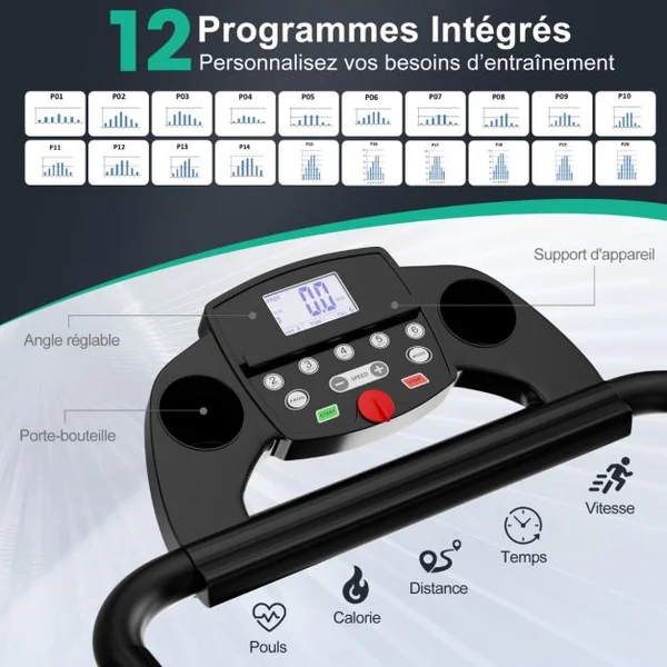 Tapis de Course Électrique 0,8-12 KM/H Moteur 500 W Tapis de Fitness Pliable à Roulettes avec Capteurs de Fréquence Cardiaque 12 Programmes Noir