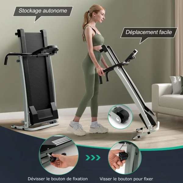 Tapis de Course Électrique 0,8-12 KM/H Moteur 500 W Tapis de Fitness Pliable à Roulettes avec Capteurs de Fréquence Cardiaque 12 Programmes Noir