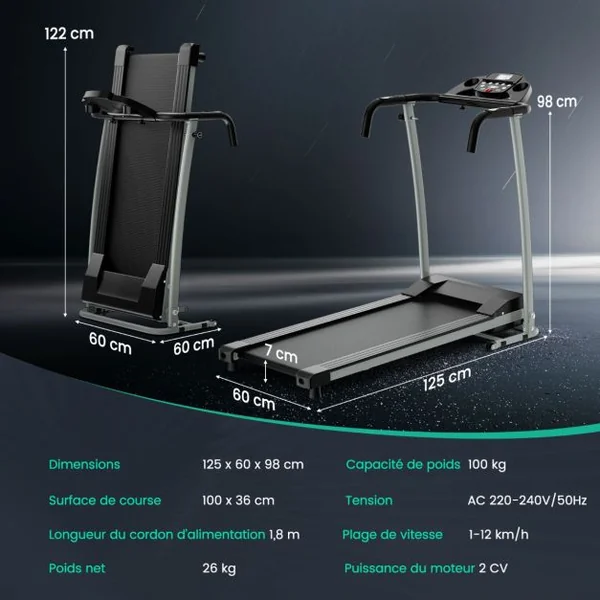 Tapis de Course Électrique 0,8-12 KM/H Moteur 500 W Tapis de Fitness Pliable à Roulettes avec Capteurs de Fréquence Cardiaque 12 Programmes Noir