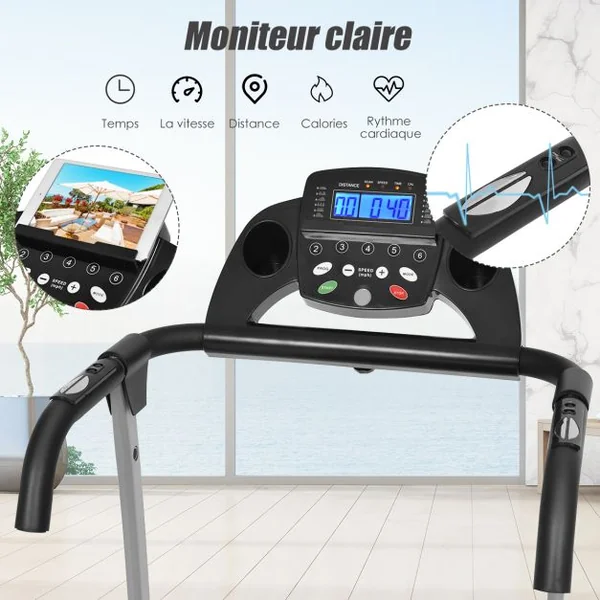 Tapis de Course Électrique Pliable avec Écran et Moniteur de Fréquence Cardiaque avec Vitesse de 1 à 10 km/h et 12 Programmes Noir