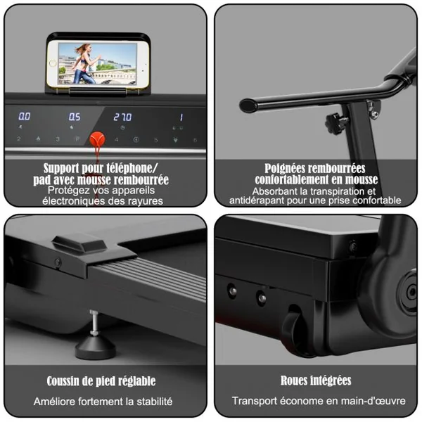 Tapis de Course/Marche Pliable 500W 12 Programmes Prédéfinis 0,8-9,6 Km/h Ecran Tactile LED 4 Touches de Raccourci Noir Support pour Ipad