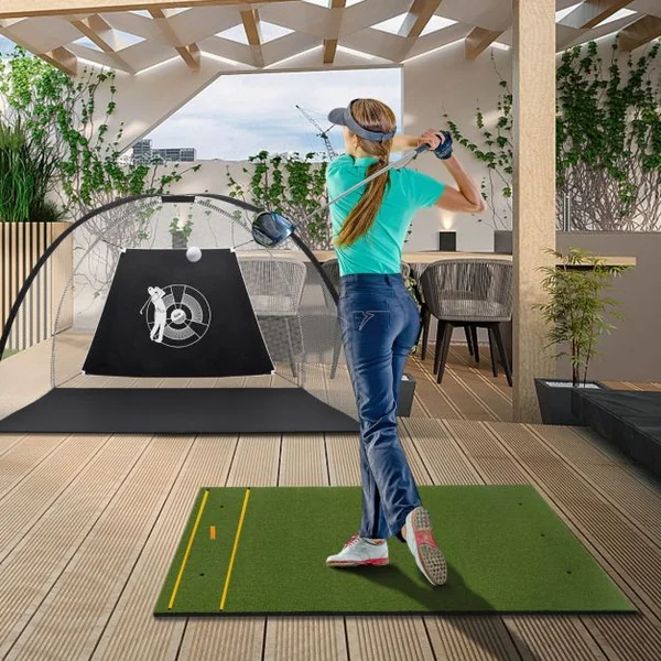 Tapis de Frappe de Golf 152 x 117 cm Épaisseur 19mm Tapis d'Entraînement de Golf avec 2 Positions de Tee et 2 Bâtons d'Alignement 6 Trous de Tee Pré-percés