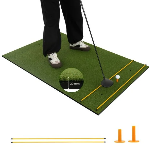 Tapis de Frappe de Golf 152 x 117 cm Épaisseur 19mm Tapis d'Entraînement de Golf avec 2 Positions de Tee et 2 Bâtons d'Alignement 6 Trous de Tee Pré-percés