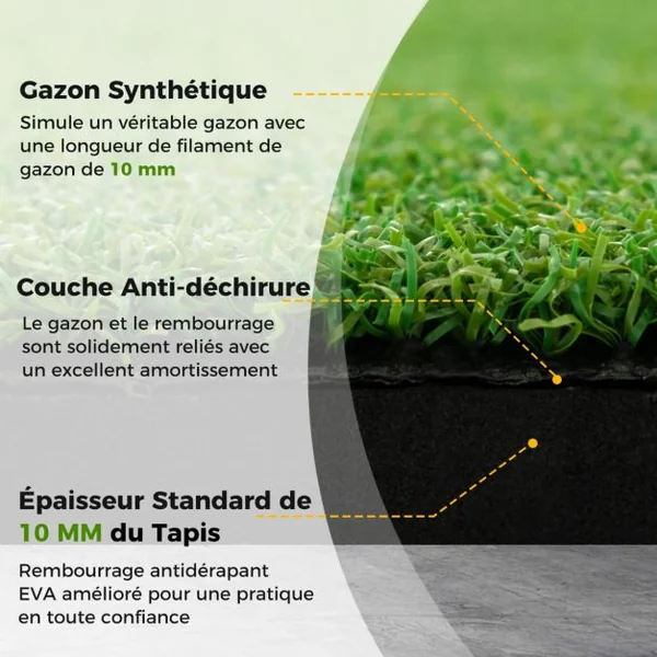 Tapis de Frappe de Golf 152 x 117 cm Épaisseur 19mm Tapis d'Entraînement de Golf avec 2 Positions de Tee et 2 Bâtons d'Alignement 6 Trous de Tee Pré-percés
