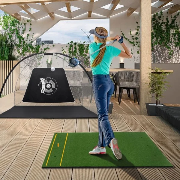 Tapis de Frappe de Golf 152 x 117 cm Épaisseur 22mm Tapis d'Entraînement de Golf avec 2 Positions de Tee et 2 Bâtons d'Alignement 6 Trous de Tee Pré-percés