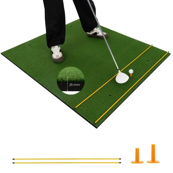 Tapis de Frappe de Golf 152 x 117 cm Épaisseur 22mm Tapis d'Entraînement de Golf avec 2 Positions de Tee et 2 Bâtons d'Alignement 6 Trous de Tee Pré-percés