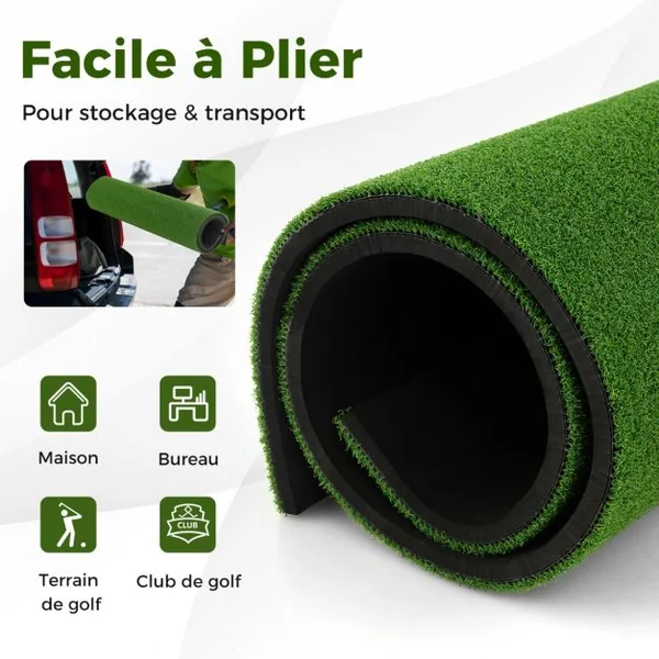 Tapis de Frappe de Golf 152 x 117 cm Épaisseur 22mm Tapis d'Entraînement de Golf avec 2 Positions de Tee et 2 Bâtons d'Alignement 6 Trous de Tee Pré-percés