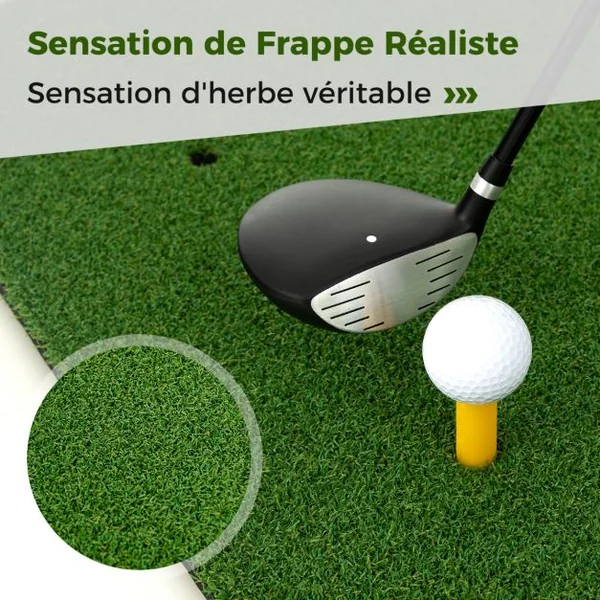 Tapis de Frappe de Golf 152 x 117 cm Épaisseur 22mm Tapis d'Entraînement de Golf avec 2 Positions de Tee et 2 Bâtons d'Alignement 6 Trous de Tee Pré-percés