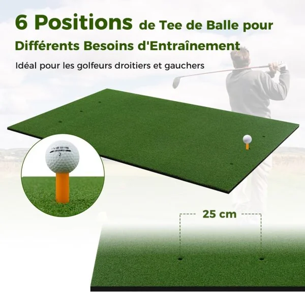 Tapis de Frappe de Golf 152 x 117 cm Épaisseur 22mm Tapis d'Entraînement de Golf avec 2 Positions de Tee et 2 Bâtons d'Alignement 6 Trous de Tee Pré-percés