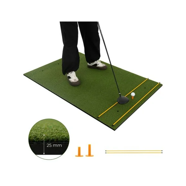 Tapis de Frappe de Golf 152 x 92 cm avec 2 Positions de Tee et 2 Bâtons d'Alignement 6 Trous de Tee Pré-percés pour Intérieure/Extérieure