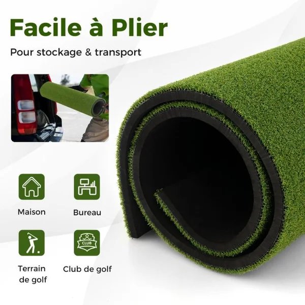 Tapis de Frappe de Golf 152 x 92 cm avec 2 Positions de Tee et 2 Bâtons d'Alignement 6 Trous de Tee Pré-percés pour Intérieure/Extérieure
