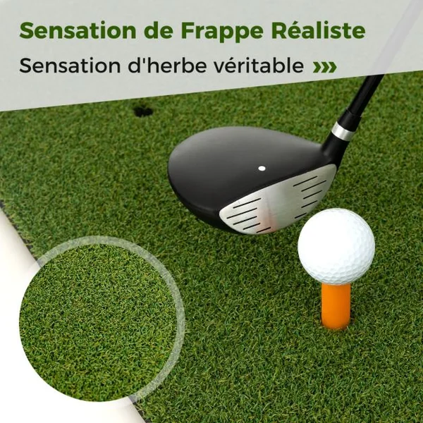 Tapis de Frappe de Golf 152 x 92 cm avec 2 Positions de Tee et 2 Bâtons d'Alignement 6 Trous de Tee Pré-percés pour Intérieure/Extérieure