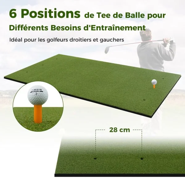 Tapis de Frappe de Golf 152 x 92 cm avec 2 Positions de Tee et 2 Bâtons d'Alignement 6 Trous de Tee Pré-percés pour Intérieure/Extérieure