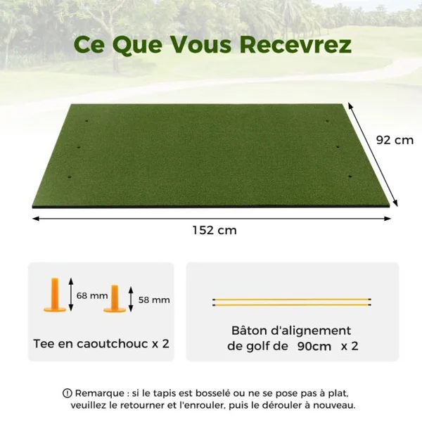 Tapis de Frappe de Golf 152 x 92 cm avec 2 Positions de Tee et 2 Bâtons d'Alignement 6 Trous de Tee Pré-percés pour Intérieure/Extérieure