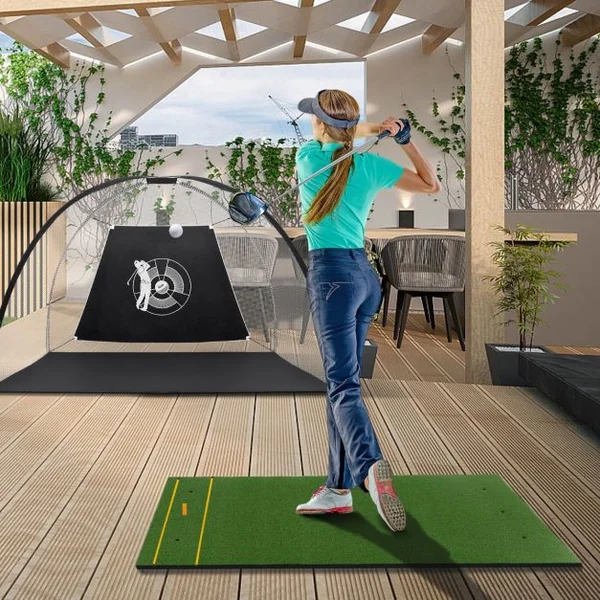 Tapis de Frappe de Golf 152 x 92 cm, Tapis d'Entraînement de Golf avec 2 Positions de Tee et 2 Bâtons d'Alignement 6 Trous de Tee Pré-percés