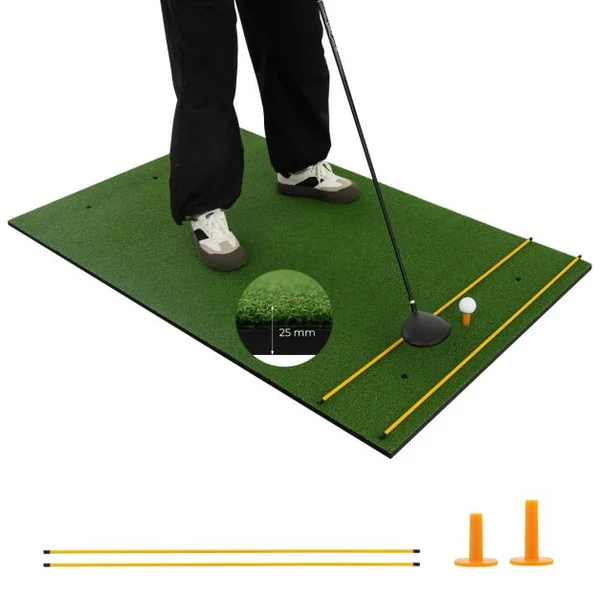 Tapis de Frappe de Golf 152 x 92 cm, Tapis d'Entraînement de Golf avec 2 Positions de Tee et 2 Bâtons d'Alignement 6 Trous de Tee Pré-percés