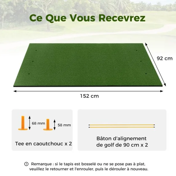 Tapis de Frappe de Golf 152 x 92 cm, Tapis d'Entraînement de Golf avec 2 Positions de Tee et 2 Bâtons d'Alignement 6 Trous de Tee Pré-percés