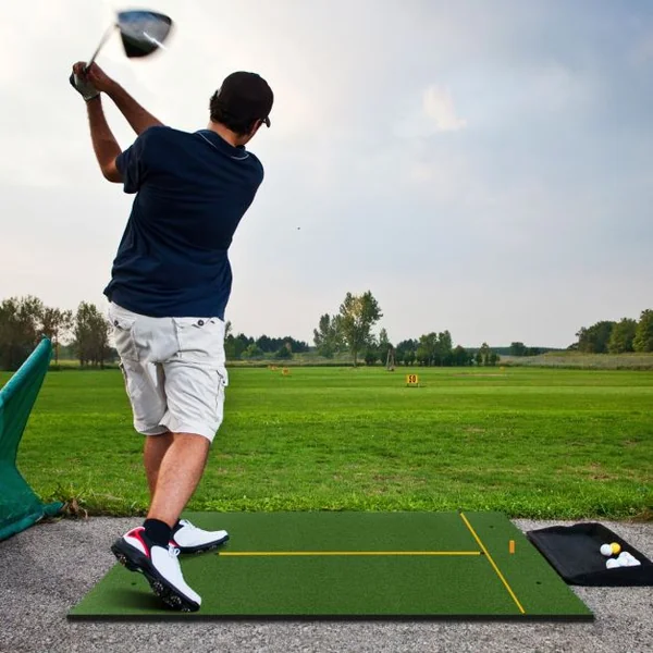 Tapis de Frappe de Golf 152 x 92 cm, Tapis d'Entraînement de Golf avec 2 Positions de Tee et 2 Bâtons d'Alignement 6 Trous de Tee Pré-percés