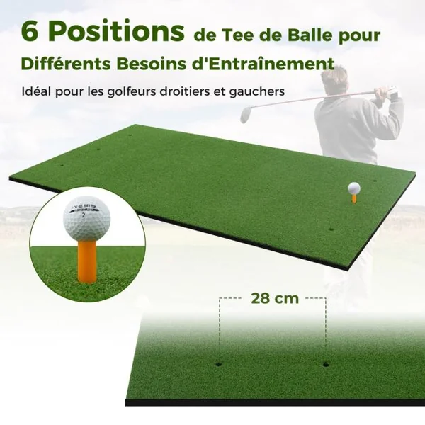 Tapis de Frappe de Golf 152 x 92 cm, Tapis d'Entraînement de Golf avec 2 Positions de Tee et 2 Bâtons d'Alignement 6 Trous de Tee Pré-percés