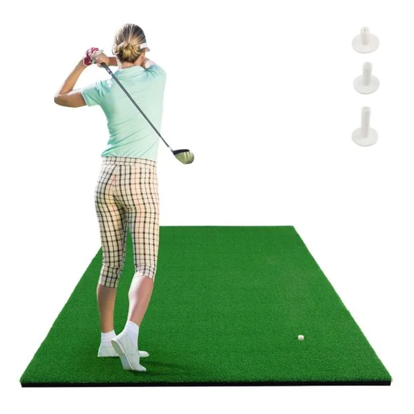 Tapis de Frappe de Golf 1,5 x 1m avec 2 Positions de Tee et 3 Tees en Caoutchouc Inclus pour Intérieur et Extérieur