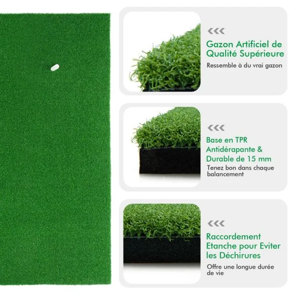 Tapis de Frappe de Golf 1,5 x 1m avec 2 Positions de Tee et 3 Tees en Caoutchouc Inclus pour Intérieur et Extérieur