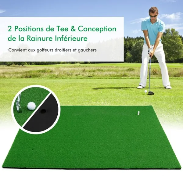 Tapis de Frappe de Golf 1,5 x 1m avec 2 Positions de Tee et 3 Tees en Caoutchouc Inclus pour Intérieur et Extérieur