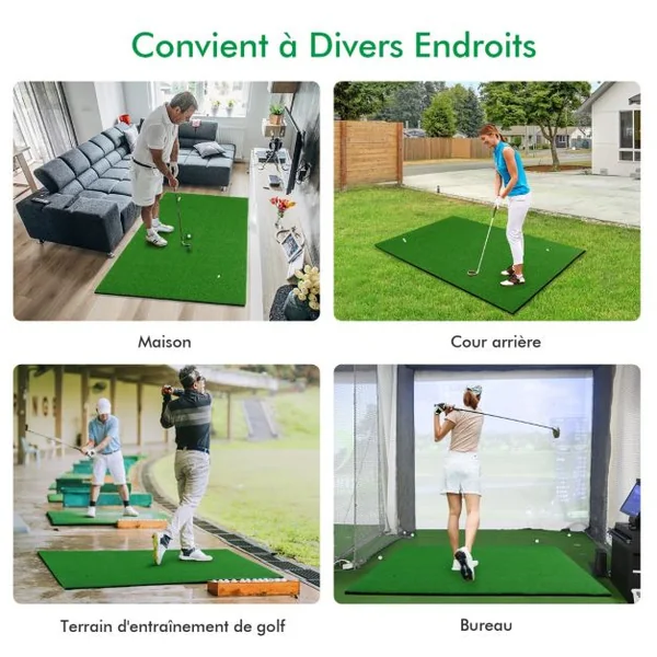 Tapis de Frappe de Golf 1,5 x 1m avec 2 Positions de Tee et 3 Tees en Caoutchouc Inclus pour Intérieur et Extérieur